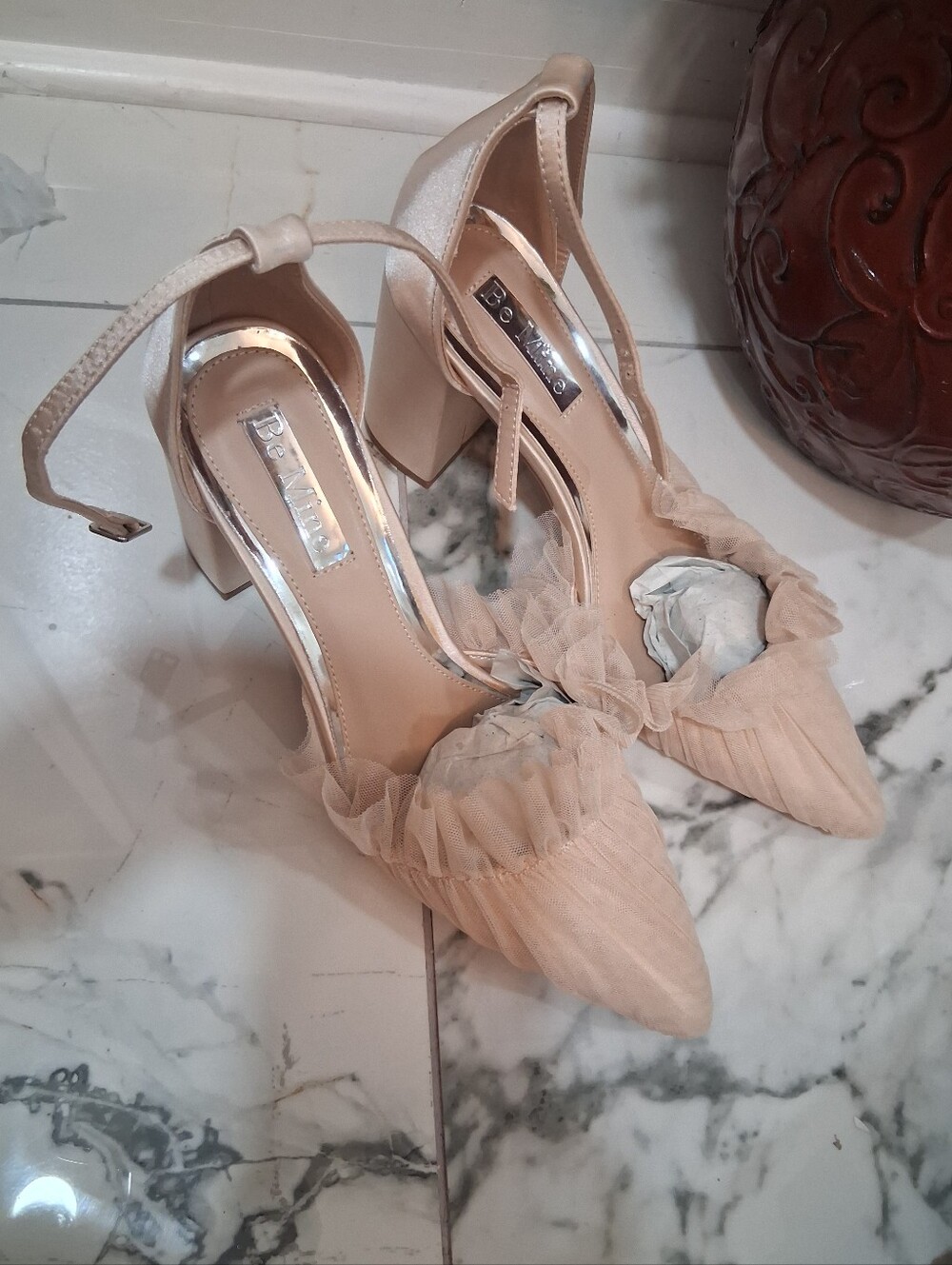 mine Women's Nude Pointed-Toe Ruffle Ankle-Strap Heels